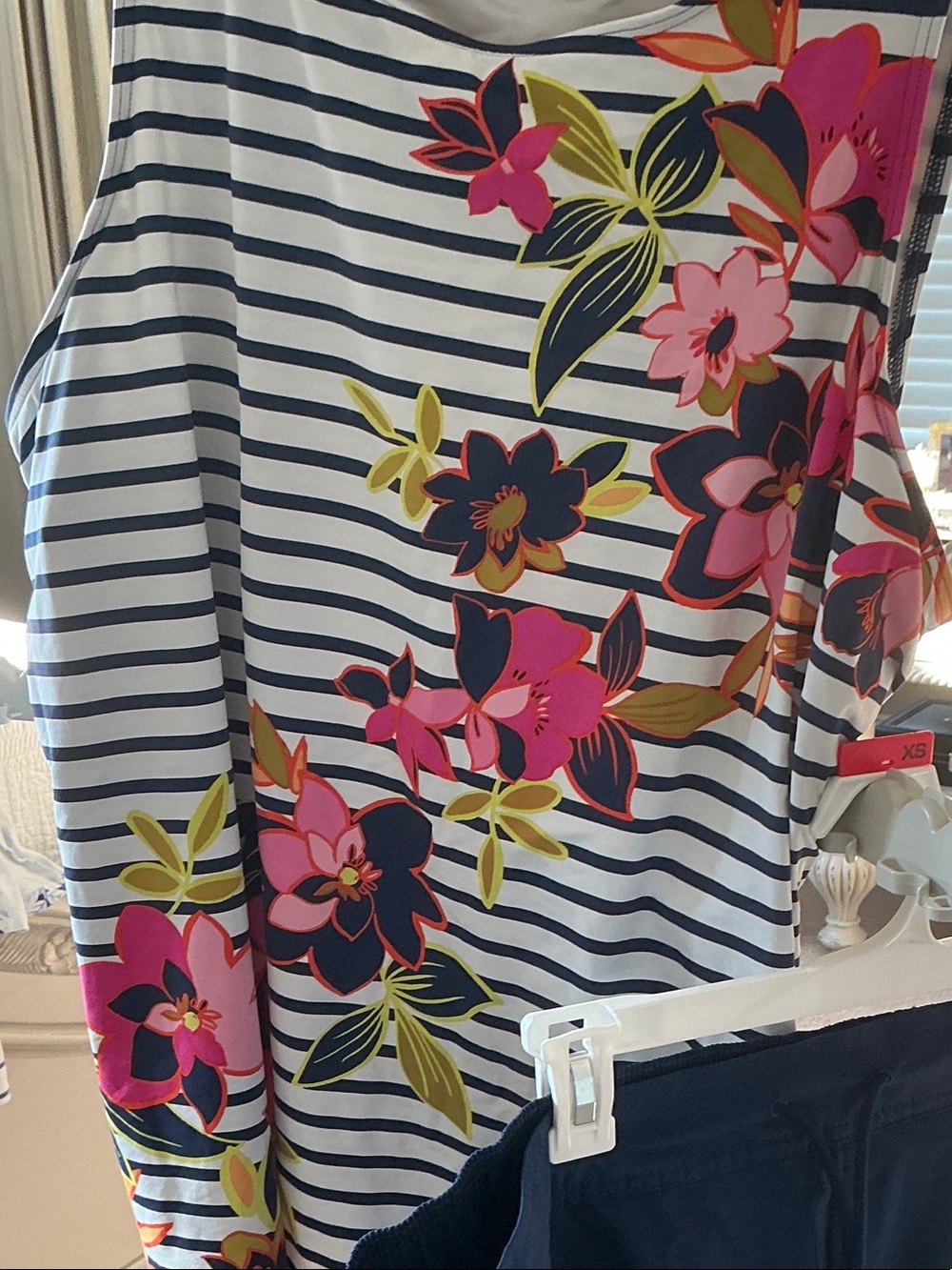 Lands' End Navy & White Striped Tank with Pink Floral Print